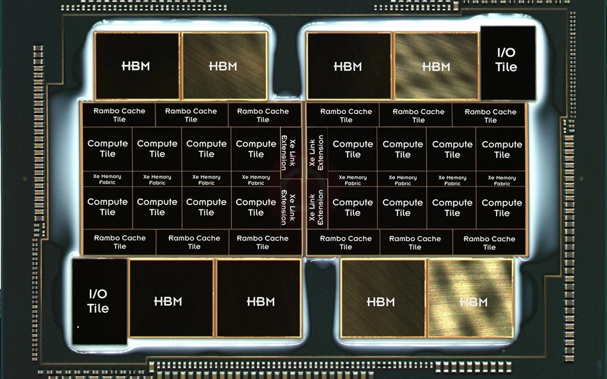 Intel Ponte Vecchio multi-tile processor package with HBM and compute tiles