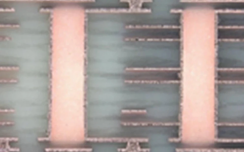 PCB cross-section showing copper features through the board stackup